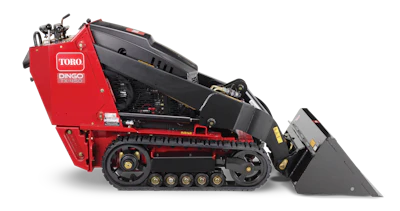 Red and black TORO DINGO tracked debris loader with front bucket attachment and engine compartment visible