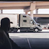 Silhouetted person viewing white commercial truck parked beneath highway overpass in industrial setting