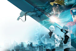 Construction and industrial workers with digital technology overlays and cityscape representing innovation and engineering services