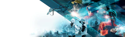 Construction and industrial workers with digital technology overlays and cityscape representing innovation and engineering services