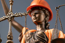 Lady Justice statue wearing orange hard hat and safety vest, holding brass scales against blue sky