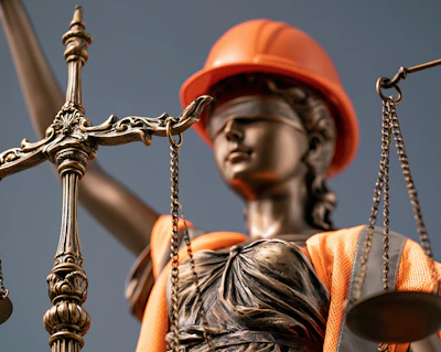Lady Justice statue wearing orange hard hat and safety vest, holding brass scales against blue sky