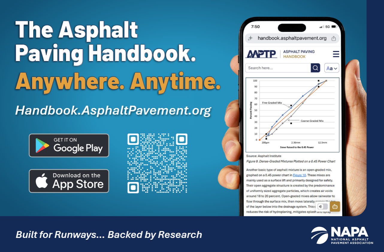 The Asphalt Paving Handbook mobile app advertisement showing website and app store download options with NAPA branding