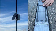 Solar panel device mounted on outdoor pole with close-up view of internal solar cell components