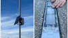 Solar panel device mounted on outdoor pole with close-up view of internal solar cell components